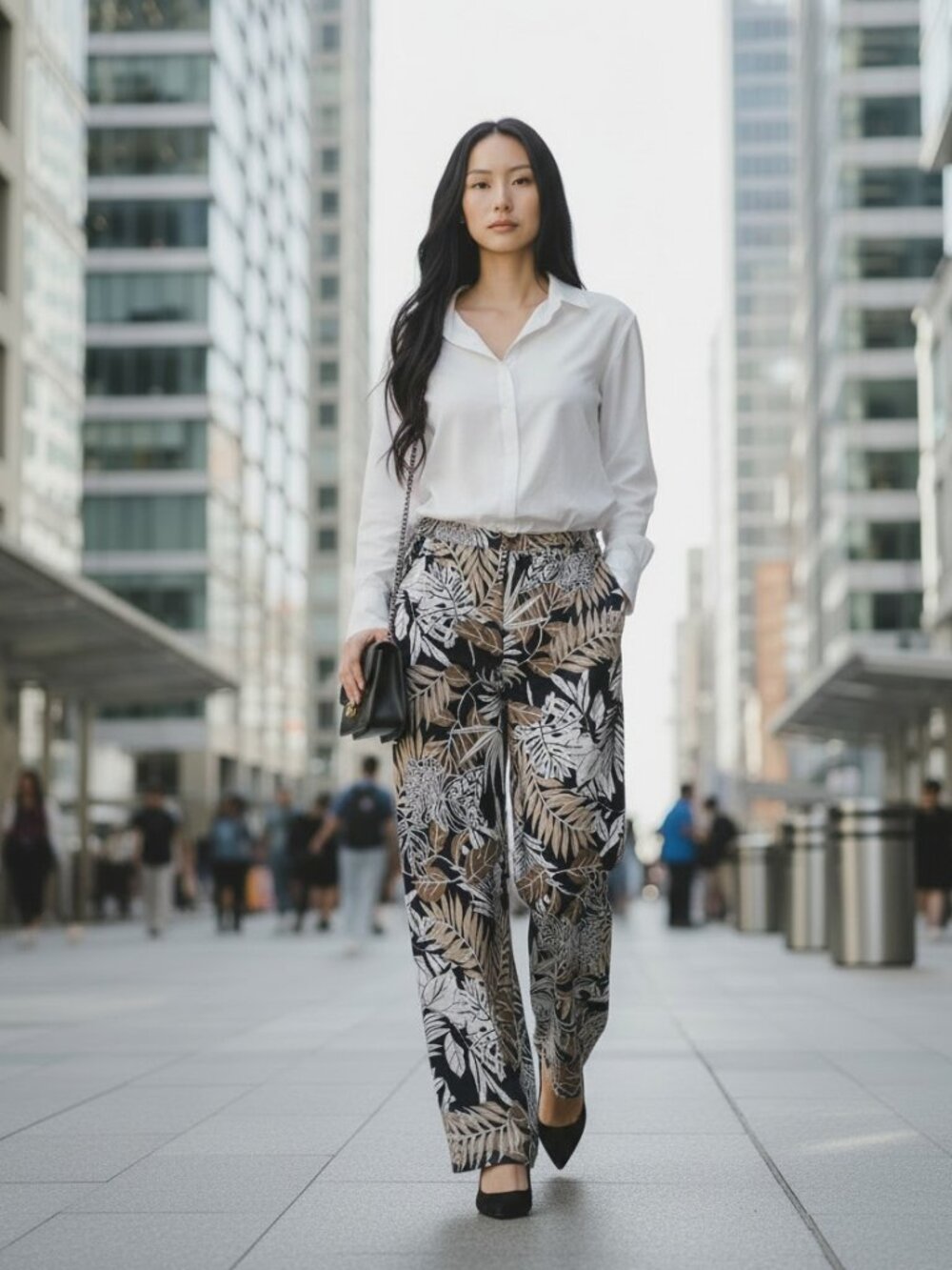 Espresso Tropical Vibrant print women's pants, elastic waist, pockets size M